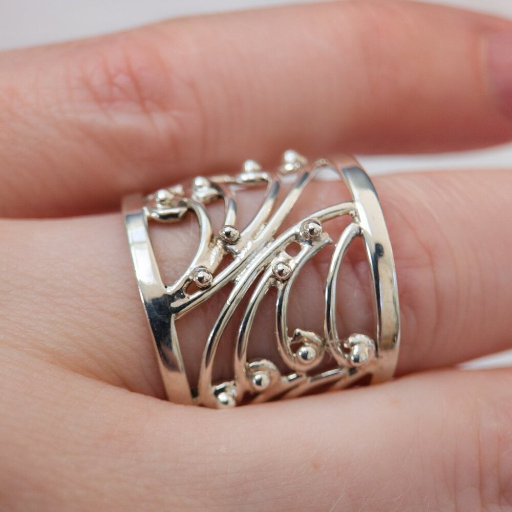 925 Silver Openwork Wide Band Ring, Vine/Bead, Size 7.5 (19mm)